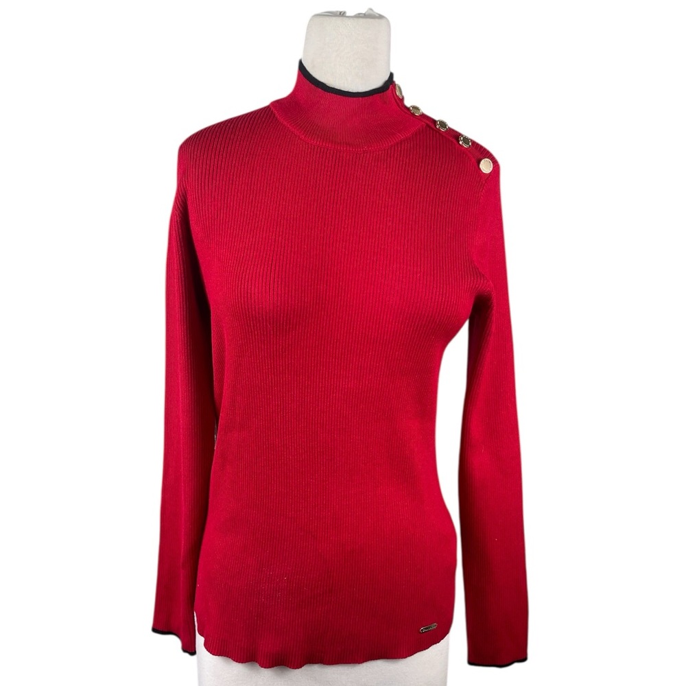 Calvin Klein Red Ribbed Sweater with Black Trim and gold button accents, small
